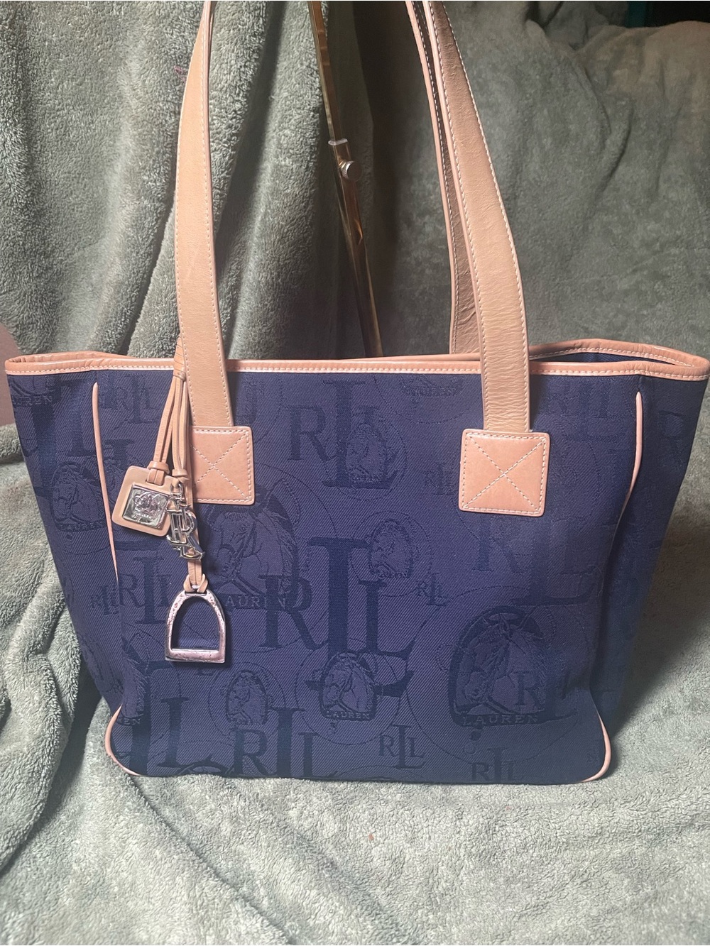 Vintage Lauren Ralph Lauren Monogram Jacquard Canvas Tote Bag Navy and Tan